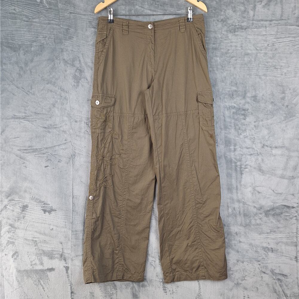 Womens Pants 10 Brown Cargo Utility Wide Leg Embroidered Floral High Rise Boho‎